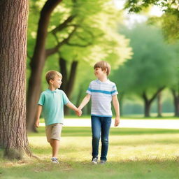 A charming scene of two boys holding hands