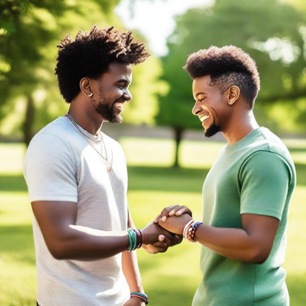 A touching scene of two men holding hands, each wearing a friendship bracelet