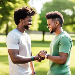 A touching scene of two men holding hands, each wearing a friendship bracelet