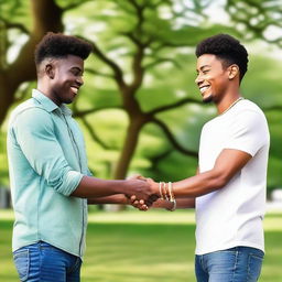 A touching scene of two men holding hands, each wearing a friendship bracelet