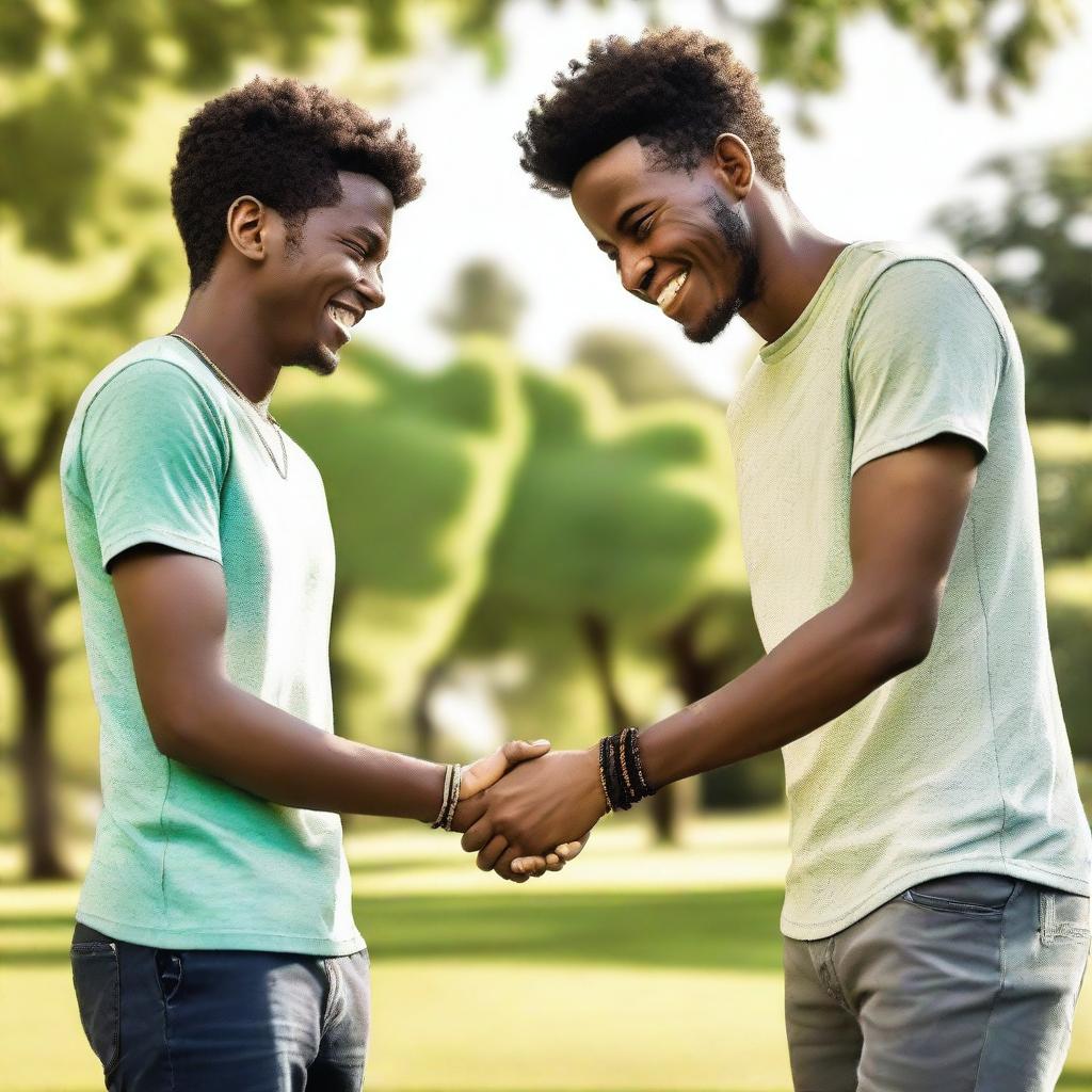 A touching scene of two men holding hands, each wearing a friendship bracelet