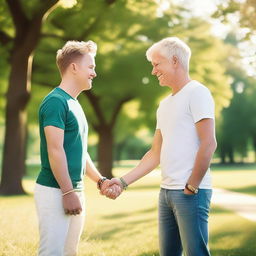 A touching scene of two white men holding hands, each wearing a friendship bracelet