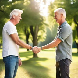 A touching scene of two white men holding hands, each wearing a friendship bracelet