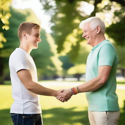 A touching scene of two white men holding hands, each wearing a friendship bracelet