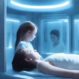 A book cover depicting a young girl in a cryo sleep chamber, with a person waking her up