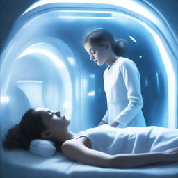 A book cover depicting a young girl in a cryo sleep chamber, with a person waking her up