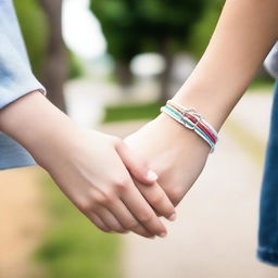 A close-up view of two white teens holding hands, each wearing a friendship bracelet