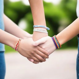 A close-up view of two white teens holding hands, each wearing a friendship bracelet