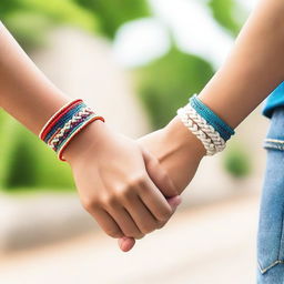 A close-up view of two white teens holding hands, each wearing a friendship bracelet