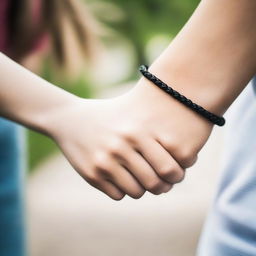 A close-up view of two white teens holding hands, each wearing a friendship bracelet