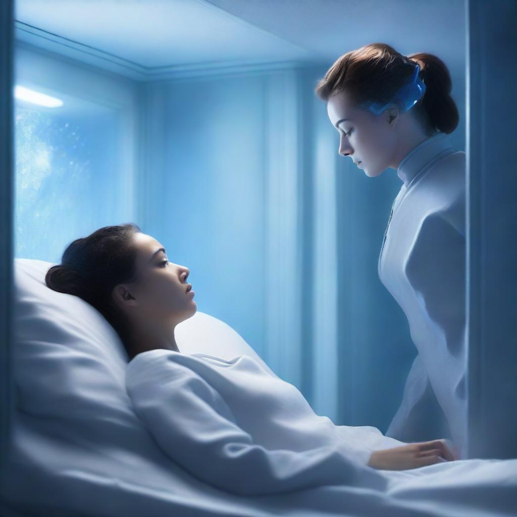 A book cover depicting a young woman in a cryo sleep chamber, being woken up by a former military lieutenant