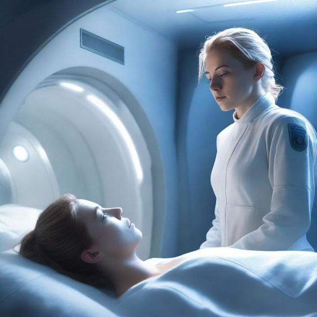 A book cover depicting a young woman in a cryo sleep chamber, being woken up by a former military lieutenant