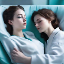 A book cover featuring a 24-year-old female in a cryo sleep chamber, being woken up by a former military lieutenant