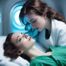 A book cover featuring a 24-year-old female in a cryo sleep chamber, being woken up by a former military lieutenant