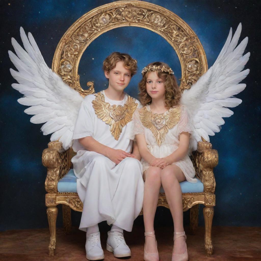 A mature angelic boy and girl, adorned with radiant wings and halos, sitting tenderly together on an ornate celestial chair.