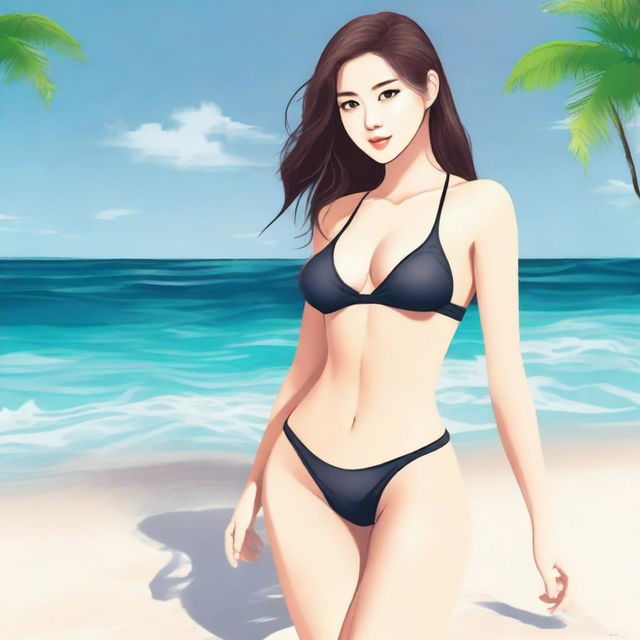 Create an image of a girl dressed in a sexy swimsuit without changing her face