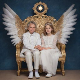 A mature angelic boy and girl, adorned with radiant wings and halos, sitting tenderly together on an ornate celestial chair.