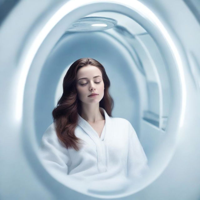 An image of a young woman with flowy brown hair, delicate white skin, and reddish lips, sleeping in a cryo capsule