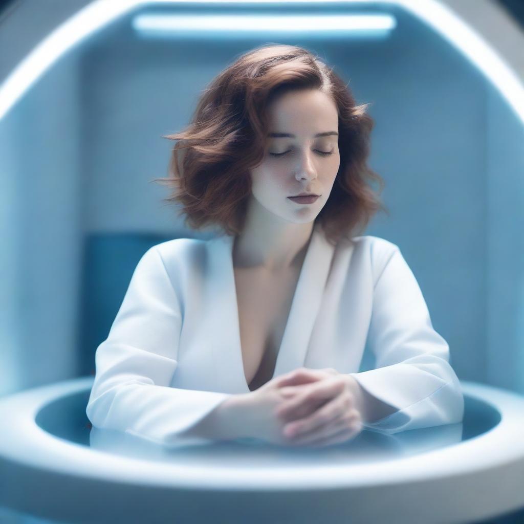 A book cover featuring a young woman with brown flowy hair, white delicate skin, and reddish lips, sleeping in a cryo chamber