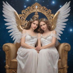 A mature angelic boy and girl, adorned with radiant wings and halos, sitting tenderly together on an ornate celestial chair.