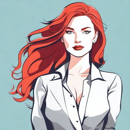 A detailed illustration of a confident woman with red hair, focusing on her upper body