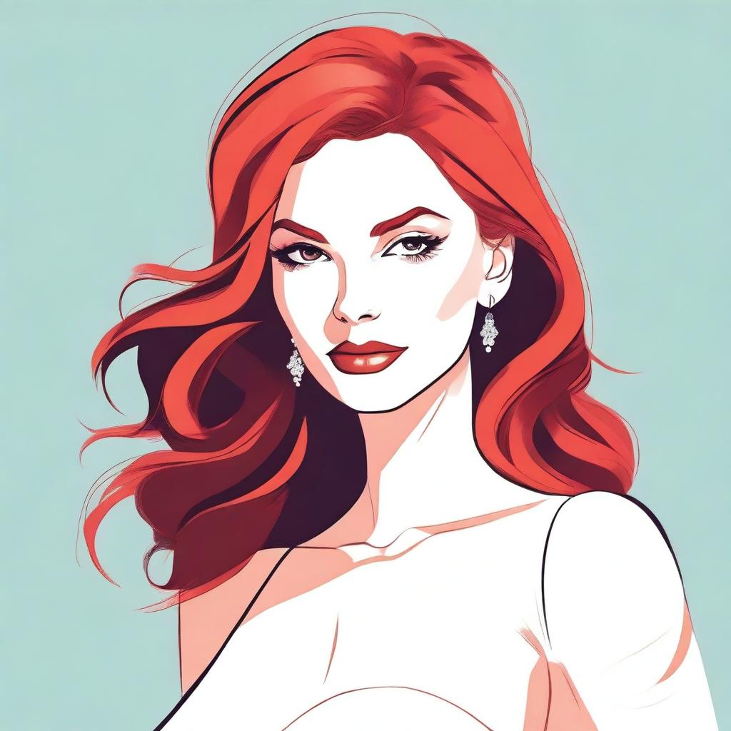 A detailed illustration of a confident woman with red hair, focusing on her upper body