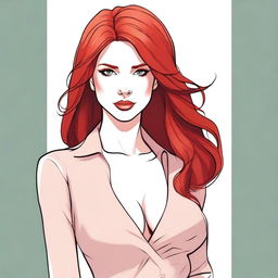 A detailed illustration of a confident woman with red hair, focusing on her upper body