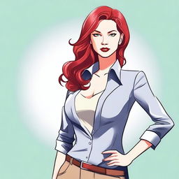 A detailed illustration of a confident woman with red hair, focusing on her upper body