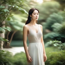 A beautiful woman with elegant features, wearing a stylish dress, and standing in a serene environment