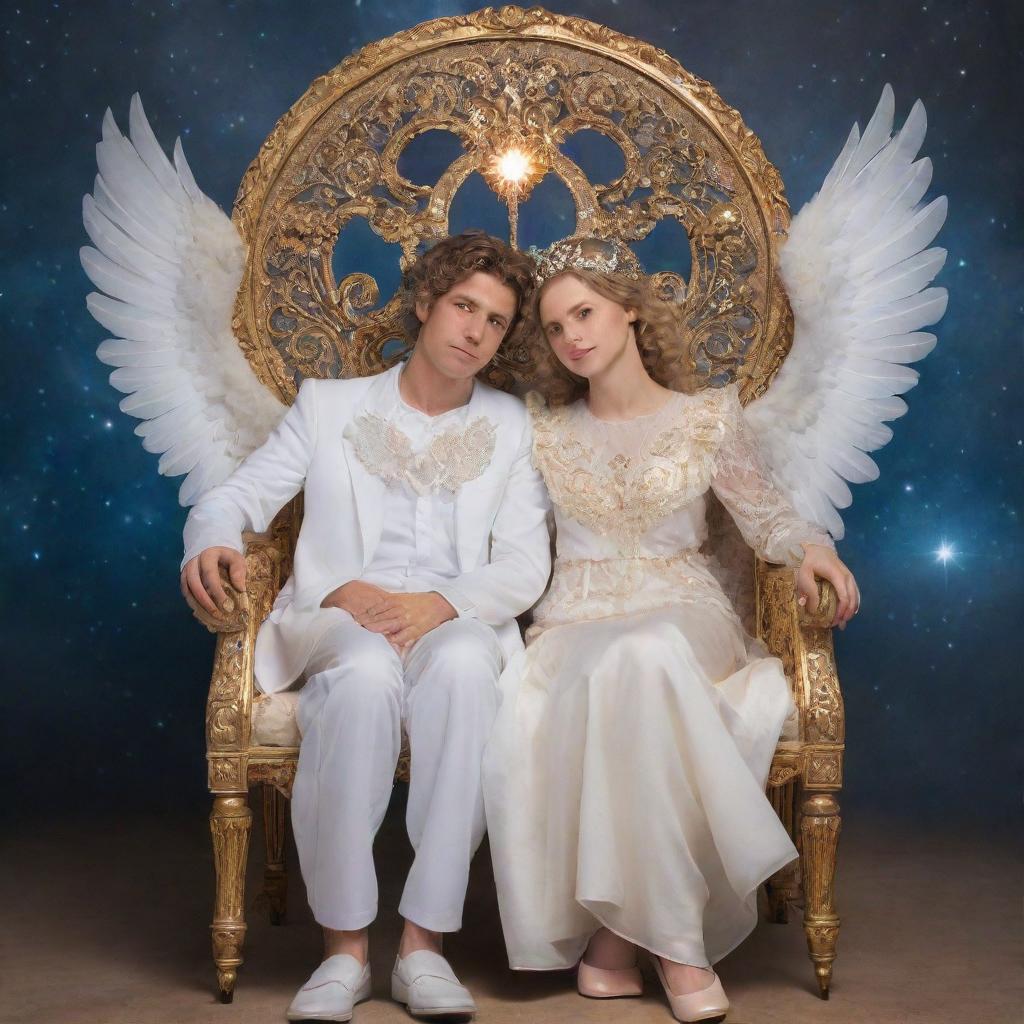 A mature angelic boy and girl, adorned with radiant wings and halos, sitting tenderly together on an ornate celestial chair.