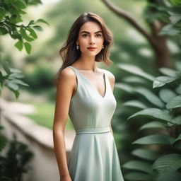 A beautiful woman with elegant features, wearing a stylish dress, and standing in a serene environment