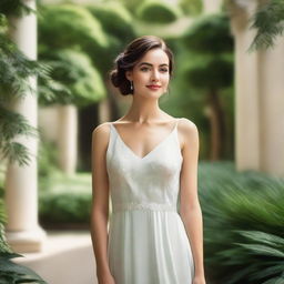 A beautiful woman with elegant features, wearing a stylish dress, and standing in a serene environment