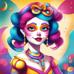 A detailed and artistic illustration of Pomni, a character from The Amazing Digital Circus, depicted in a visually appealing and attractive manner