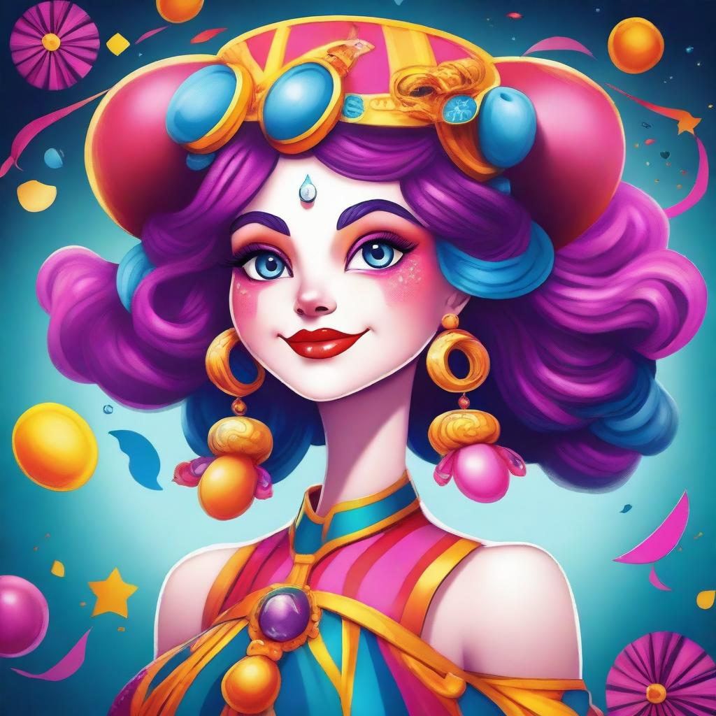 A detailed and artistic illustration of Pomni, a character from The Amazing Digital Circus, depicted in a visually appealing and alluring manner