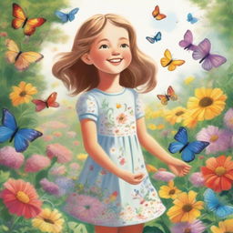 A detailed and vibrant illustration of a young girl with a joyful expression, standing in a beautiful garden filled with colorful flowers and butterflies