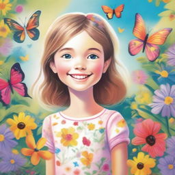 A detailed and vibrant illustration of a young girl with a joyful expression, standing in a beautiful garden filled with colorful flowers and butterflies