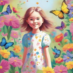 A detailed and vibrant illustration of a young girl with a joyful expression, standing in a beautiful garden filled with colorful flowers and butterflies