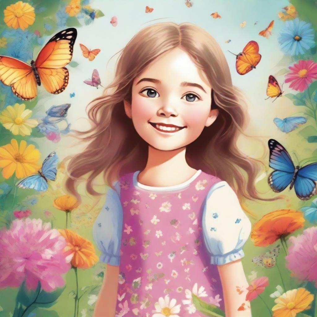 A detailed and vibrant illustration of a young girl with a joyful expression, standing in a beautiful garden filled with colorful flowers and butterflies