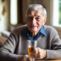 An elderly man with gray hair is drinking from a glass