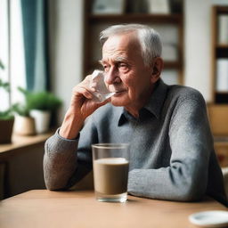 An elderly man with gray hair is drinking from a glass