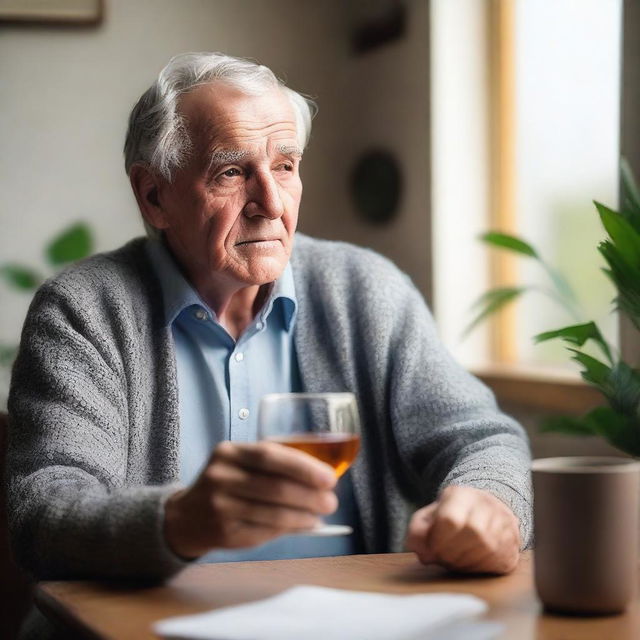 An elderly man with gray hair is drinking from a glass