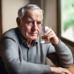 An elderly man with gray hair is drinking from a glass