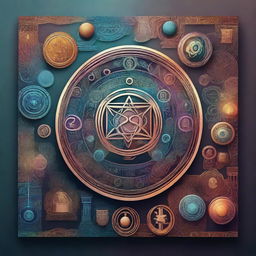 A beautiful, realistic digital art piece featuring philosophical symbols (icons) in stunning and harmonious colors