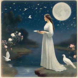 A serene scene featuring a stream under a starry night sky with a large full moon in the background