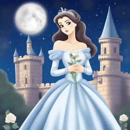 A beautiful woman dressed in princess attire is standing in a castle, holding a white-grey rose