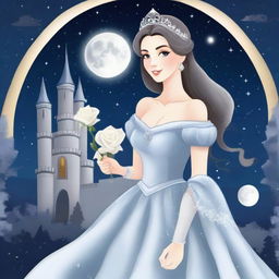 A beautiful woman dressed in princess attire is standing in a castle, holding a white-grey rose