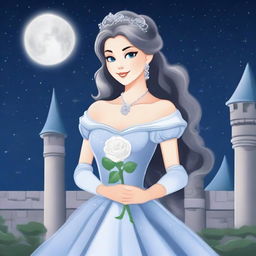 A beautiful woman dressed in princess attire is standing in a castle, holding a white-grey rose