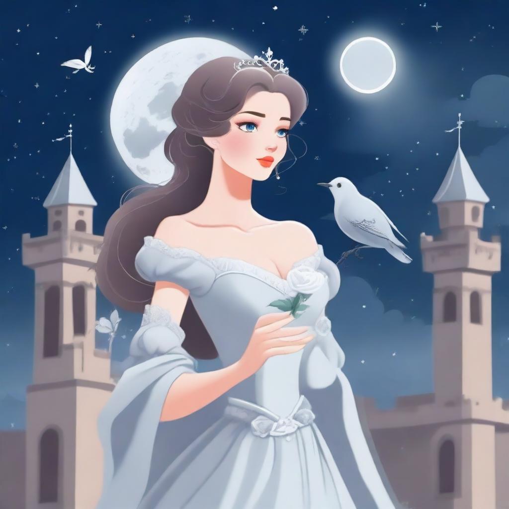 A beautiful woman in princess attire is standing in a castle, holding a white-grey rose