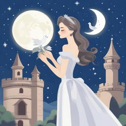 A beautiful woman in princess attire is standing in a castle, holding a white-grey rose