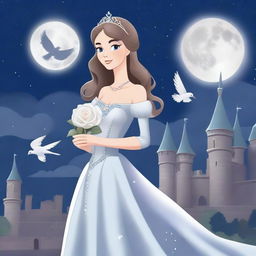 A beautiful woman in princess attire is standing in a castle, holding a white-grey rose